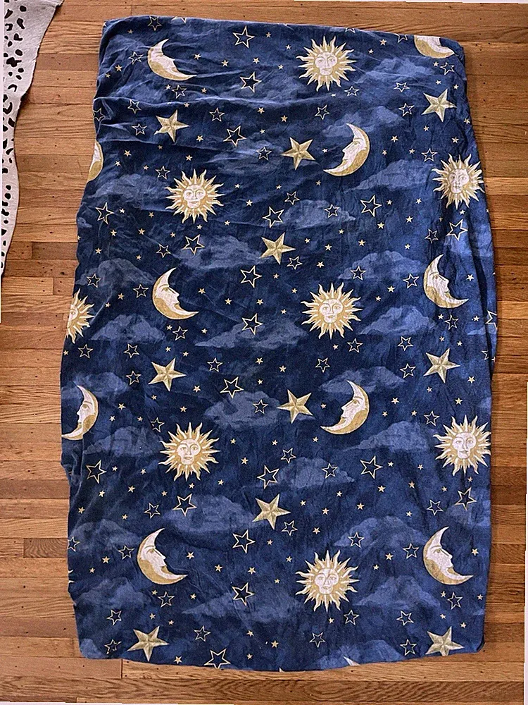 1990s Celestial Print Moon Sun Stars Fitted Twin Sheet Whimsical Blue Bedding