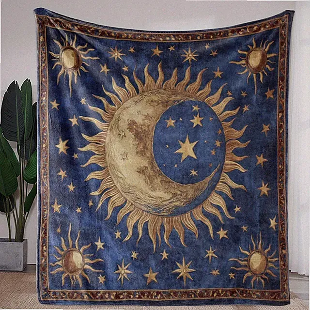 1pc Vintage Sun Moon Stars Printed Throw Blanket - Soft Cozy Flannel Fleece