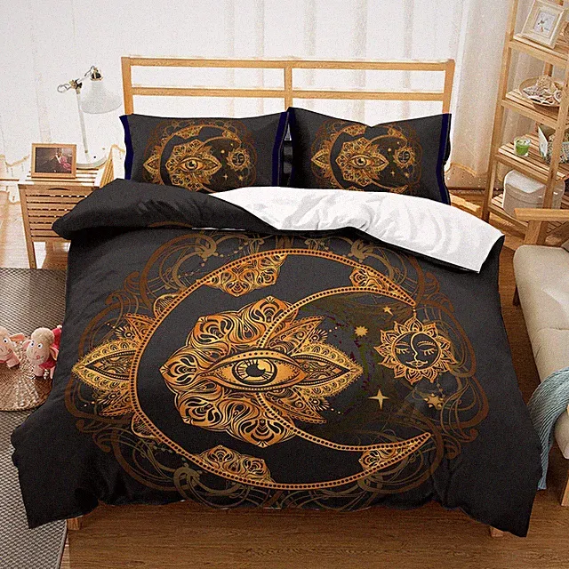 3D Sun Moon Floral Eye Golden Black Quilt Cover Set Bedding Sets Pillowcases 64