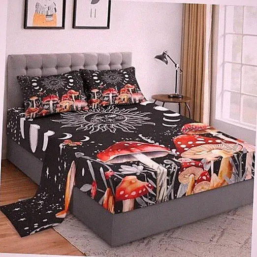 4 Pieces Size Bed Sheet Sets with Pillowcases, Sun Moon Boho Queen Mushroom