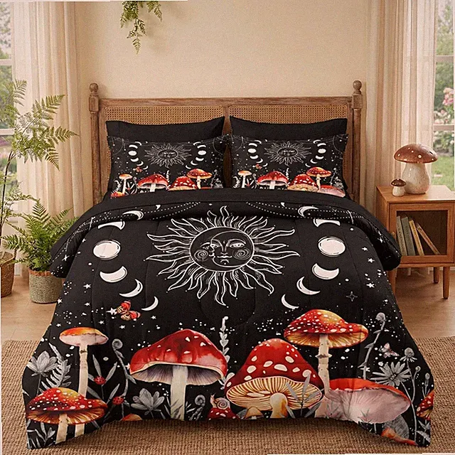 7 Pcs Queen Size Comforter Set with 2 Pillowcases & 2 Shams, Sun Moon Boho Mushr