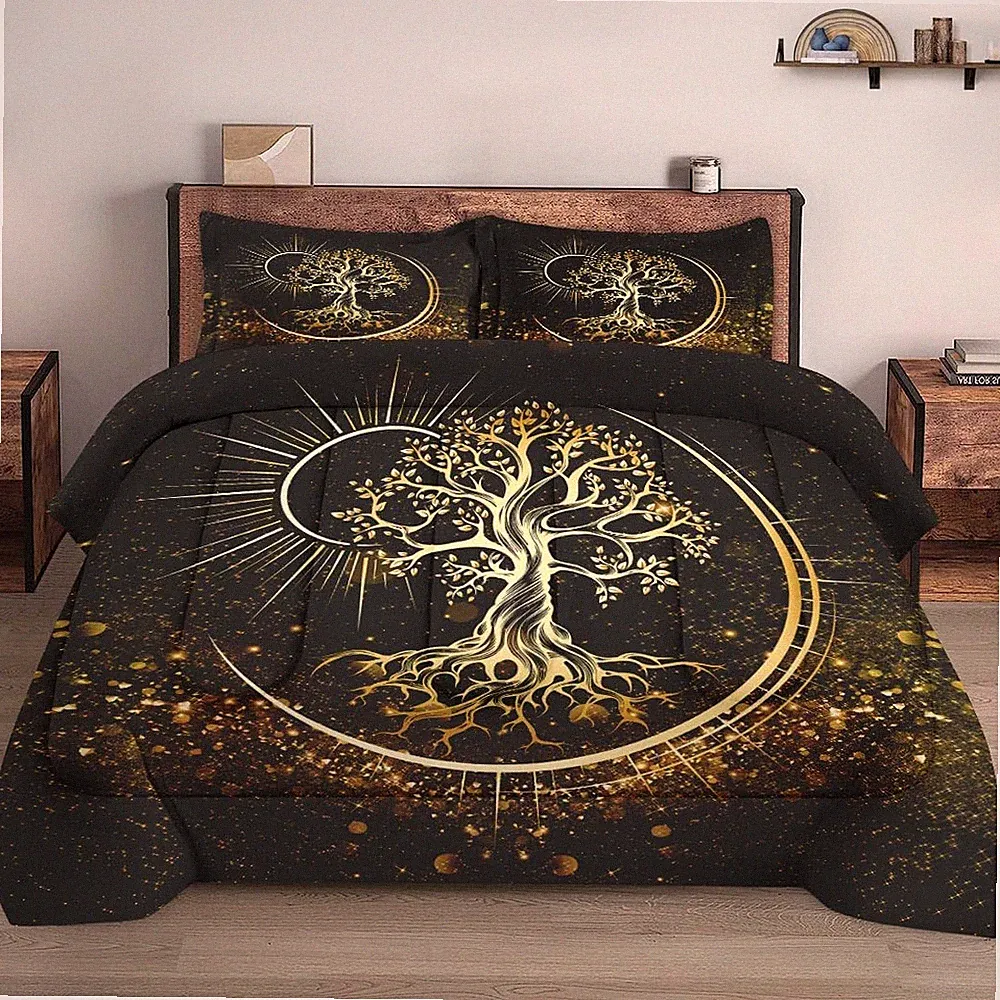 Black Sun and Moon King Comforter Set with 2 Pillowcases - Tree of Life Design