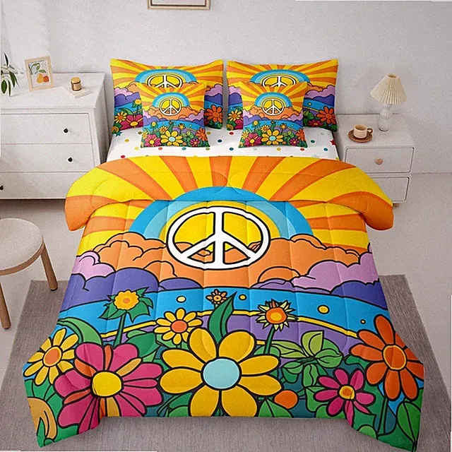 Bohemian Queen Comforter Set,Sun Moon Peace Sign 7 Pieces Bed in a Bag,60S 70...