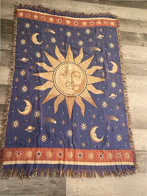 Boho Celestial Hippie Throw Woven Blanket Sun MoonStar FringeReversibleTapestry