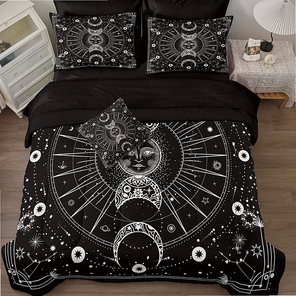 Boho Sun and Moon King Comforter Set - Cozy Galaxy Bedding 8 Pcs in Black & Whit