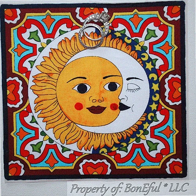 BonEful Fabric FQ Cotton Quilt Block 5+" Yellow Sun Zen Celestial Yoga Moon Star