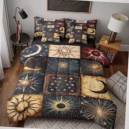 Celestial Boho Bedding Size 7 Pcs,Sun Moon Bed Set for Kids Queen Navy Gold