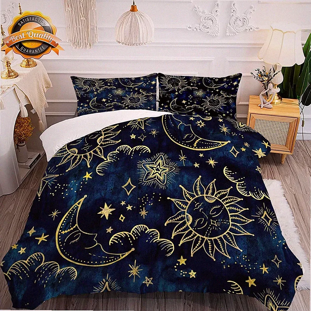 Celestial Comforter Set Queen Size Blue Gold Sun and Moon Boho Bedding for Kids