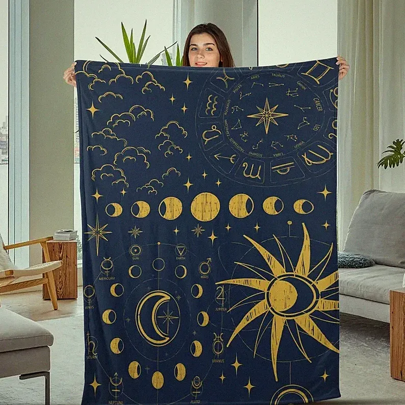 Celestial Sun Moon Printed Astrology Blanket Mystical Cozy Decor