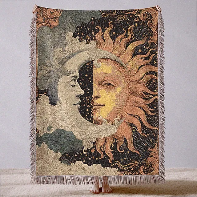 Celestial Sun Moon Woven Blanket, Witchy Zodiac Cotton Throw Decor Gift