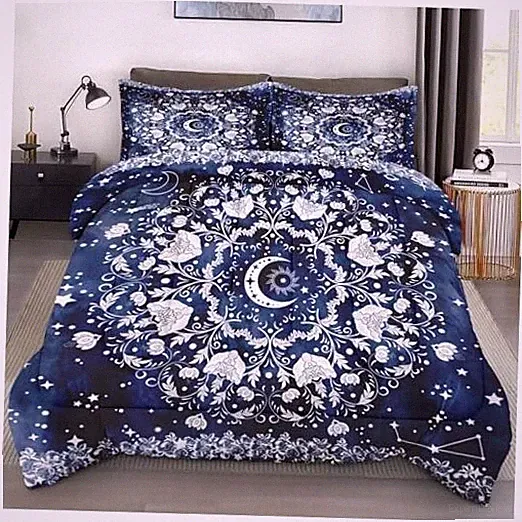 Comforter Set Size, Astrology Sun Moon Soft 3 Pcs Bedding for Queen Blue Flower