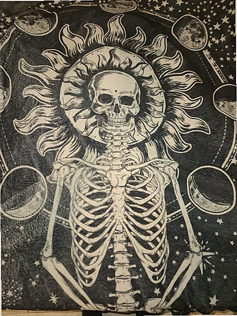 Gothic Celestial Skeleton Sun Moon Stars Black White Polyester Throw Blanket