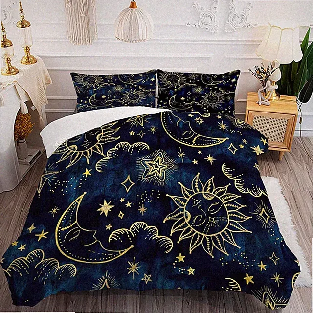 Queen Size Celestial Comforter Set Blue Gold Sun Moon Boho 3 Piece Bedding