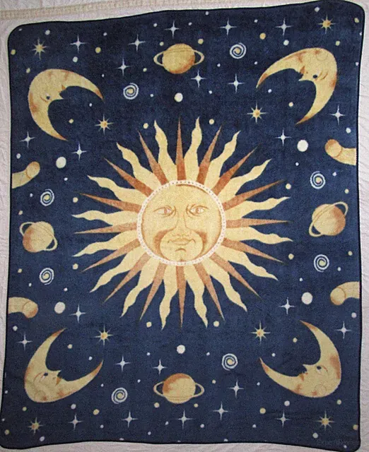 RARE Vtg Celestial Sun Moon Space Stars Plush Blanket Throw Whimsigoth 90.5"x74"