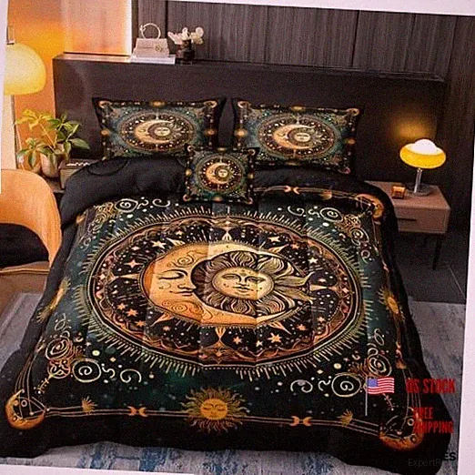 Sun and Moon Comforter Black Psychedelic Celestial Queen Black and Green