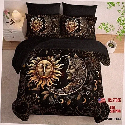 Sun and Moon Comforter Set - 7Pcs Soft Black Gold Boho Bed Twin Sun and Moon14