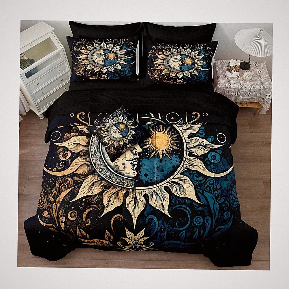 Sun and Moon Comforter Set Black Boho Bedding Set Celestial Galaxy Starry Spa...