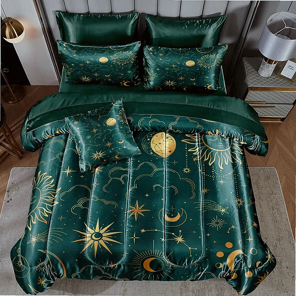 Sun and Moon Comforter Set Blue Green Satin Bedding Queen Stars Cloud Galaxy Com