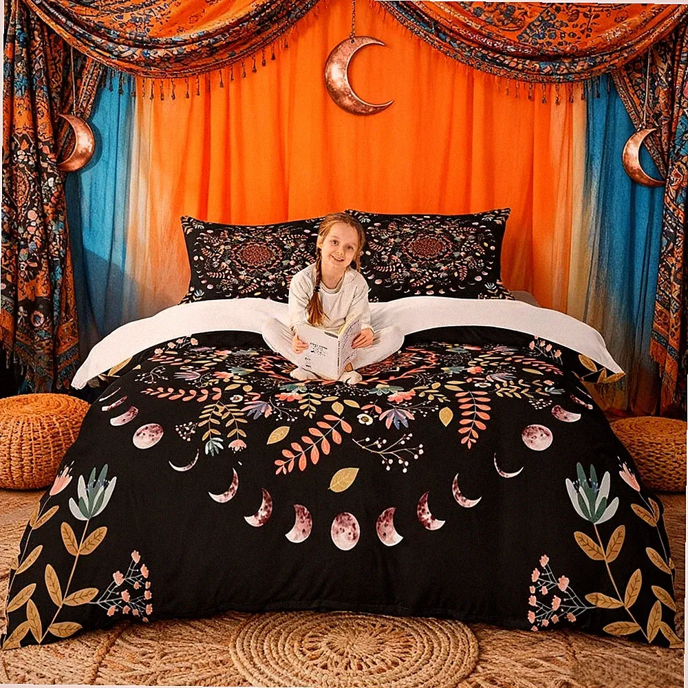 Sun and Moon Duvet Cover Set King Size,Mandala Flowers Leaves Boho Exotic Bed...