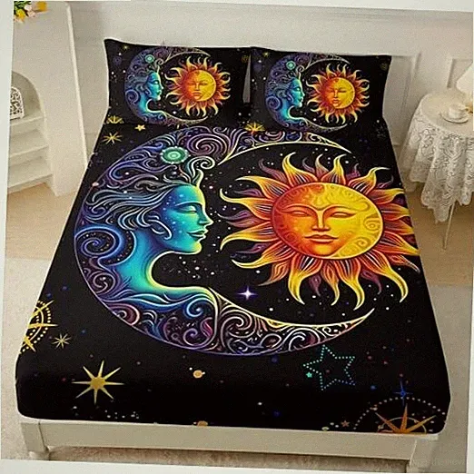 Sun and Moon Fitted Sheet Set Size, Space Galaxy Boho Queen Sun and Moon13