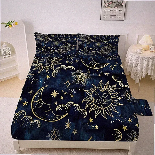 Sun and Moon Sheets Sets Queen Size 4 Pcs Celestial Starry Galaxy Boho Fitted Sh