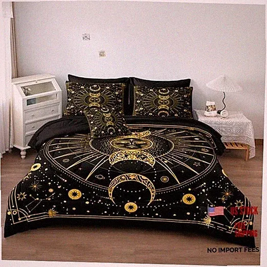 Sun Moon Comforter Set 8 Pcs Black and Gold Trippy King Black Gold-sun Moon