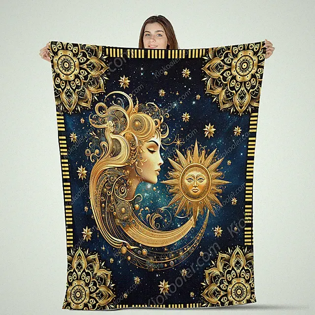 Sun Moon Mandala Blanket Gold All Season Throw Cozy Celestial Art Decor