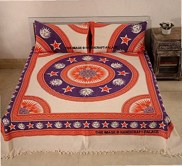 Sun Moon Star Print Cotton Bed Sheet With 2 Pillow Cover Double Size Tapestry