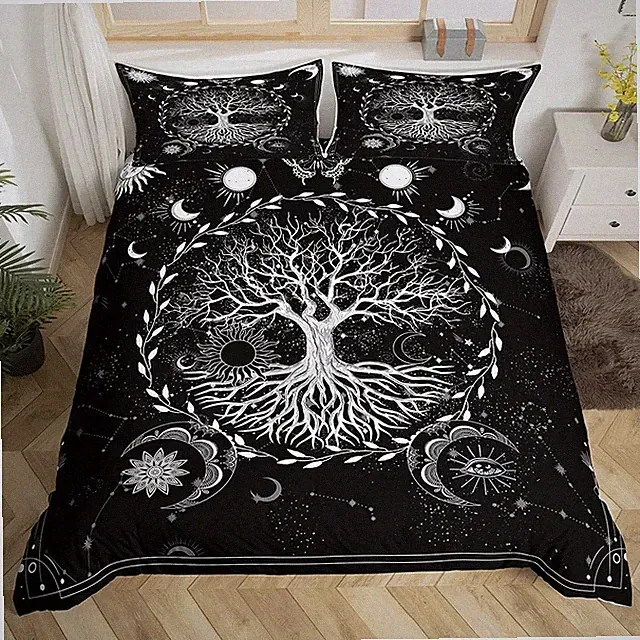 Tree of Life Duvet Cover Set Queen Size Sun and Moon Print Bedding Set 3pcs f...