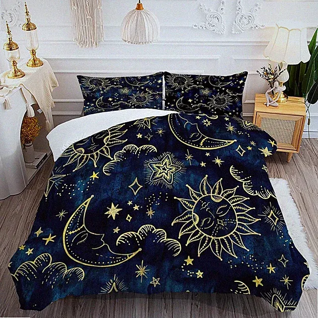 Twin Comforter Set Sun Moon Celestial Blue Gold Boho Bedding Kids Size