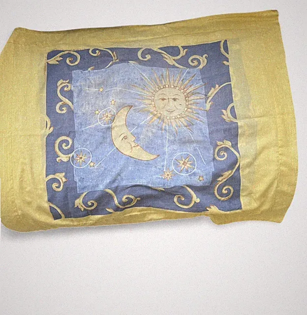Vintage Celestial Sun Moon Pillow Sham 32x26 Blue Gold Boho READ Damage