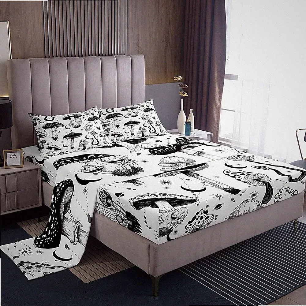 Wild Mushroom Bed Sheet Set King Size,Abstract Sun Moon Starry Bedding Set Go...